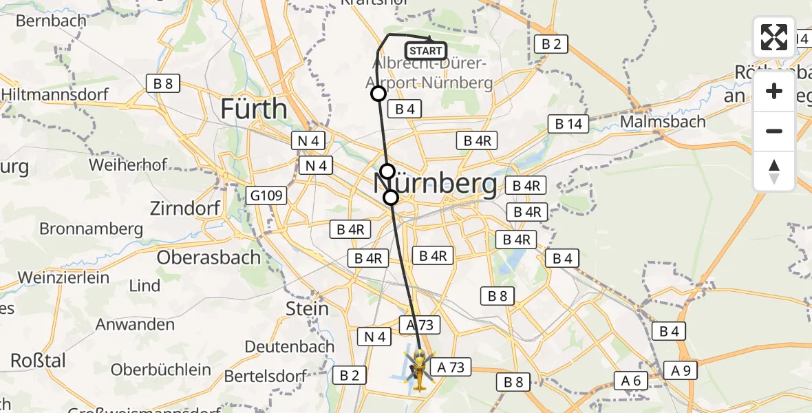Flugroute Rettungshubschrauber Nuremberg Airport - Nürnberg, 13 März 2026, 12:13