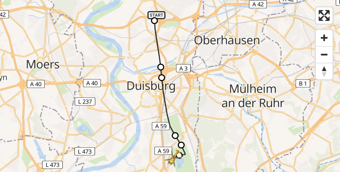 Flugroute Rettungshubschrauber Hamborn - Duisburg Air Rescue Heliport (Christoph 9), 13 März 2026, 12:21