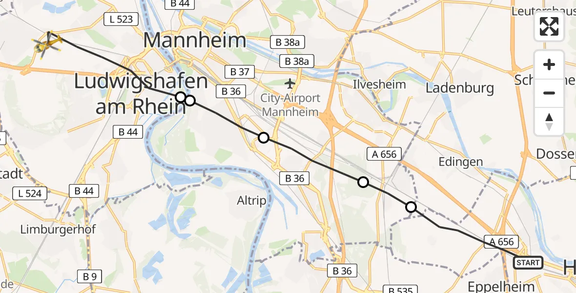 Flugroute Rettungshubschrauber Heidelberg - Ludwigshafen Accident Hospital, 13 März 2026, 12:44