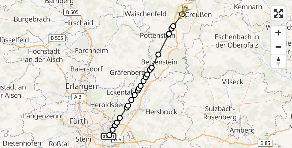 Flugroute Rettungshubschrauber Nürnberg - Schwürz, 13 März 2026, 12:55