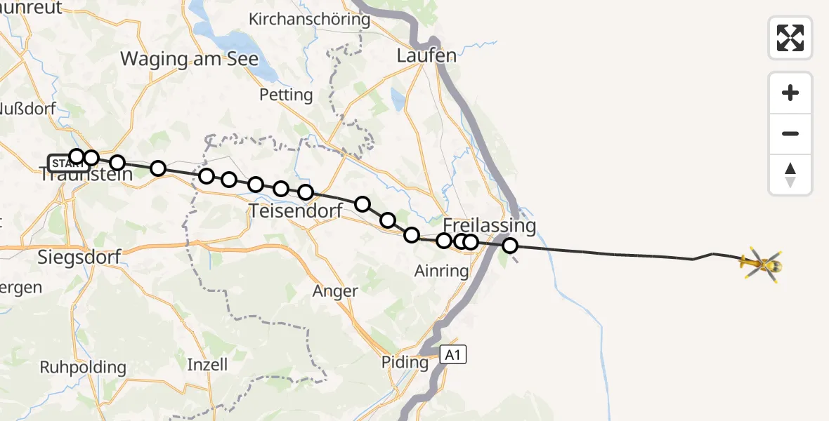 Flugroute Rettungshubschrauber Traunstein Hospital - Rott, 13 März 2026, 12:58