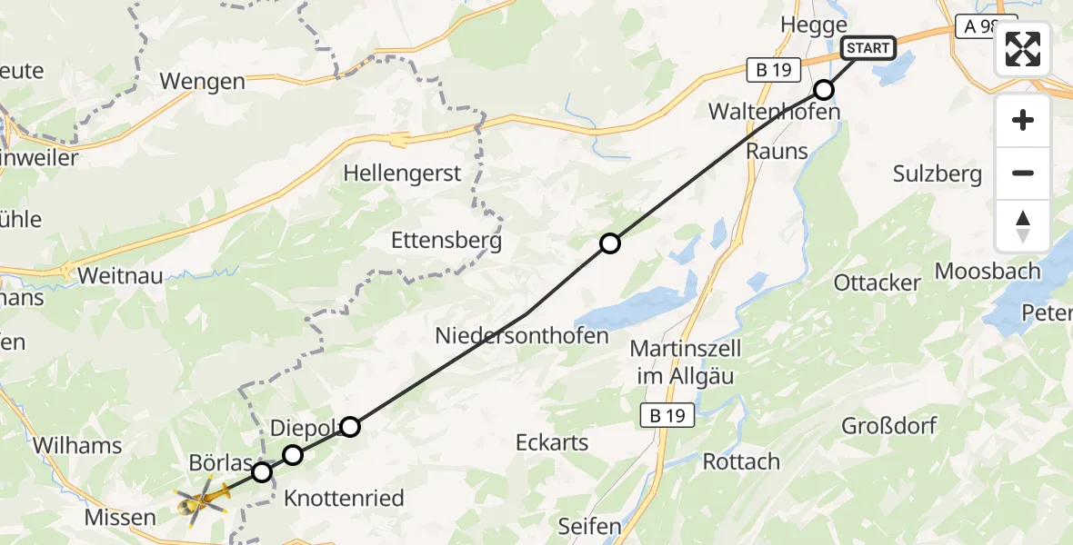 Flugroute Rettungshubschrauber Graben - Börlas, 13 März 2026, 13:02