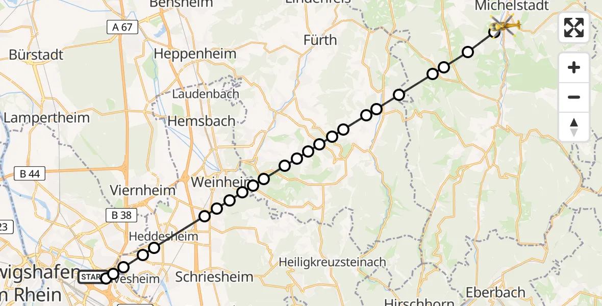 Flugroute Rettungshubschrauber Mannheim-City Airport - Erbach, 13 März 2026, 13:04