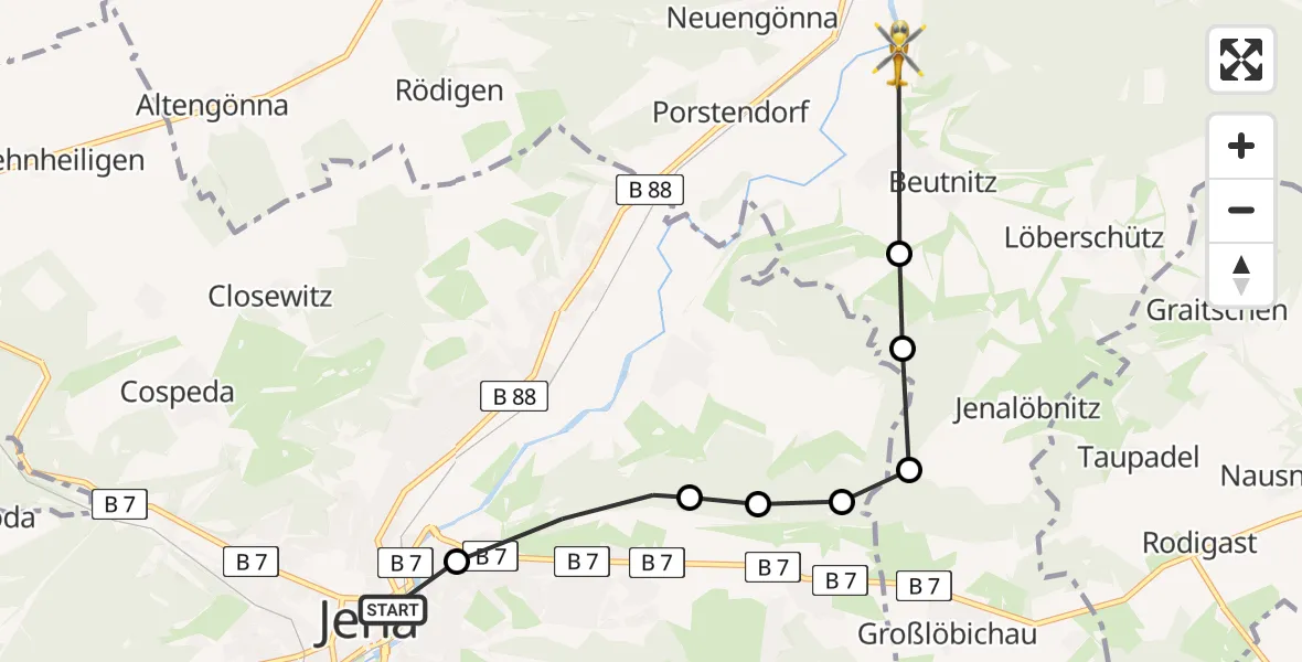 Flugroute Rettungshubschrauber Jena-Zentrum - Naura, 13 März 2026, 13:08