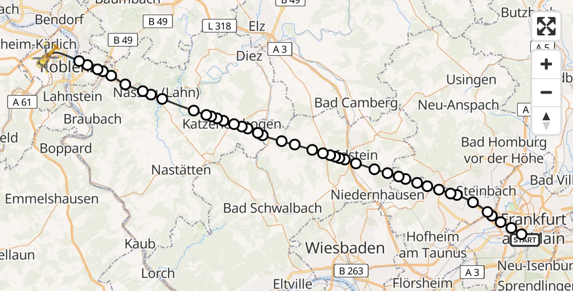 Flugroute Rettungshubschrauber Frankfurt University Hospital - Koblenz, 13 März 2026, 13:09