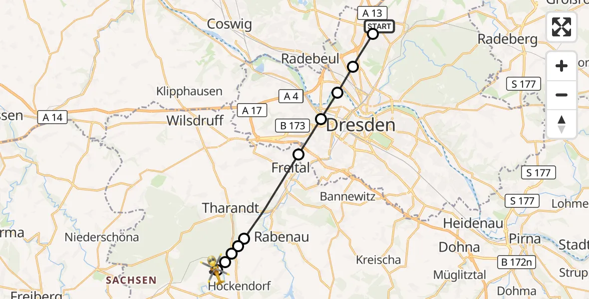 Flugroute Rettungshubschrauber Dresden Airport - Dorfhain, 13 März 2026, 13:13