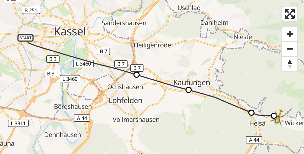 Flugroute Rettungshubschrauber Kassel - Helsa, 13 März 2026, 13:15