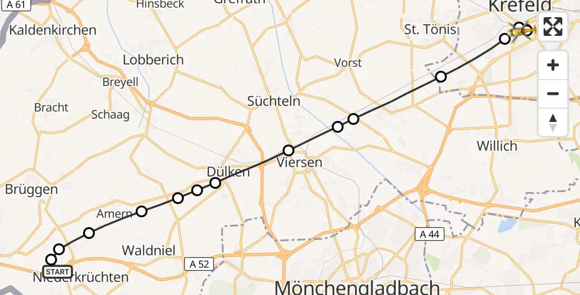 Flugroute Rettungshubschrauber Elmpt - Helios Clinic Krefeld, 13 März 2026, 13:19