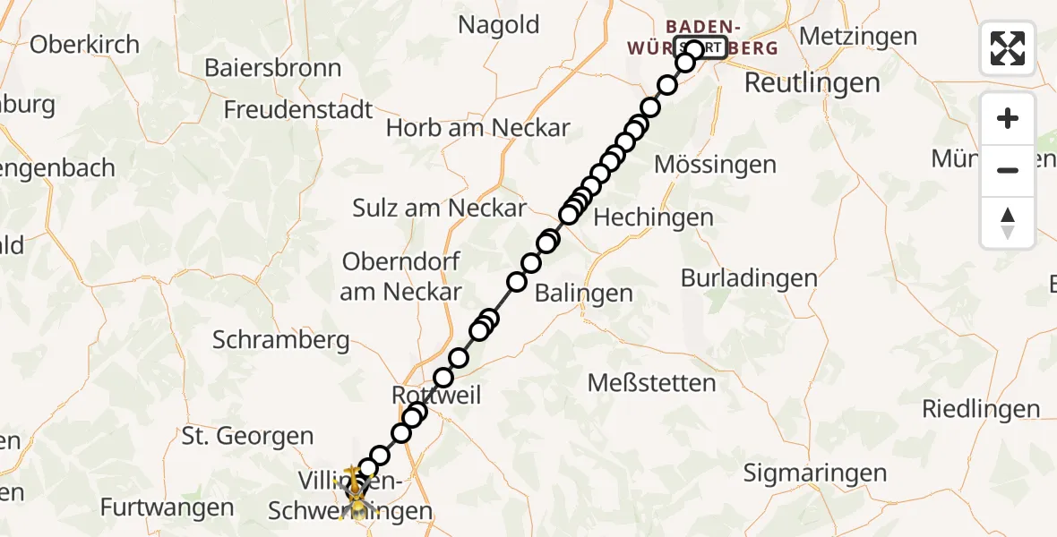 Flugroute Rettungshubschrauber Tübingen University Hospital - DRF Air Rescue Station Villingen-Schwenningen Heliport (Christoph 11), 13 März 2026, 13:22