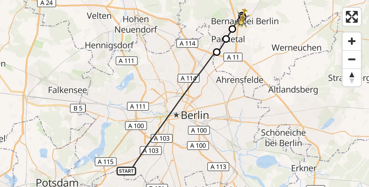 Flugroute Rettungshubschrauber Berlin - Bernau, 13 März 2026, 13:24