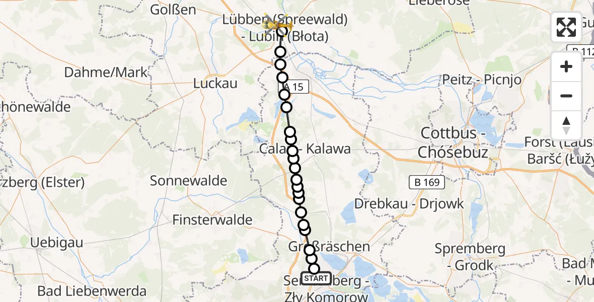 Flugroute Ambulanzhubschrauber Senftenberg - Lübben (Spreewald), 13 März 2026, 13:25