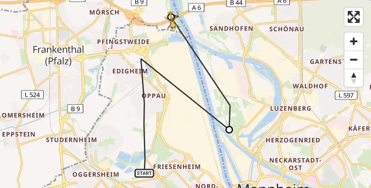 Flugroute Rettungshubschrauber Ludwigshafen am Rhein - Frankenthal (Pfalz), 13 März 2026, 13:30