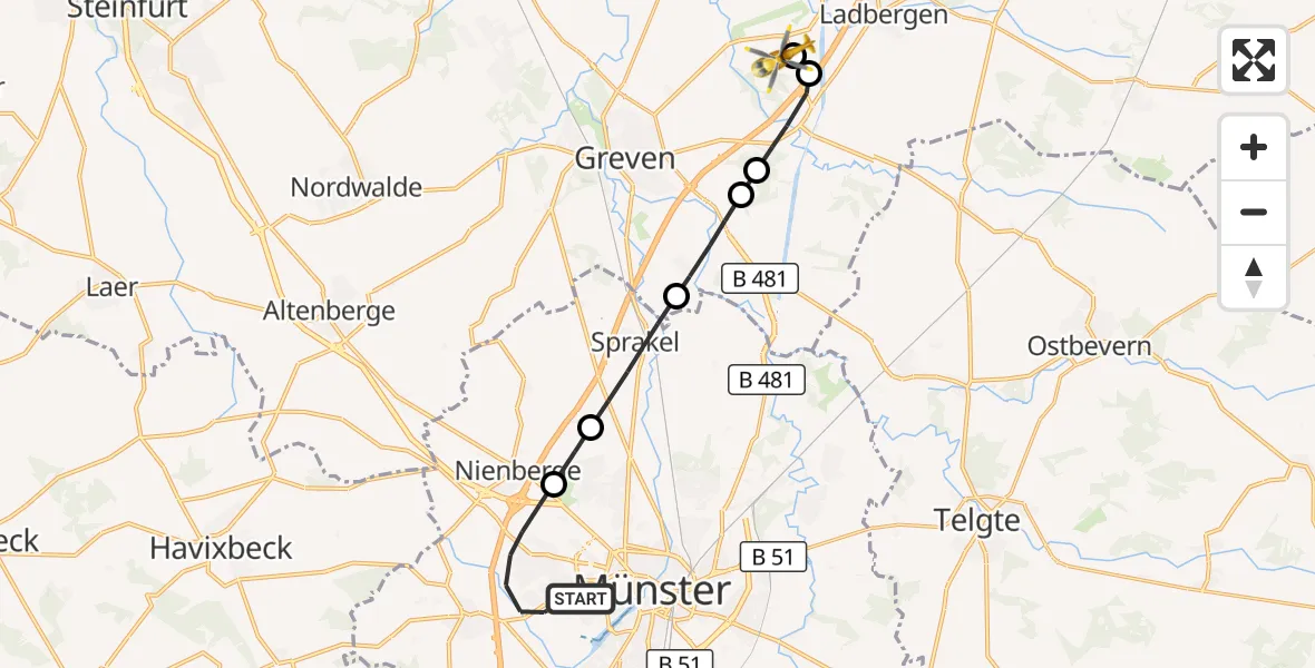 Flugroute Ambulanzhubschrauber Münster-West - Christoph  Westfalen-ADAC, 13 März 2026, 13:41