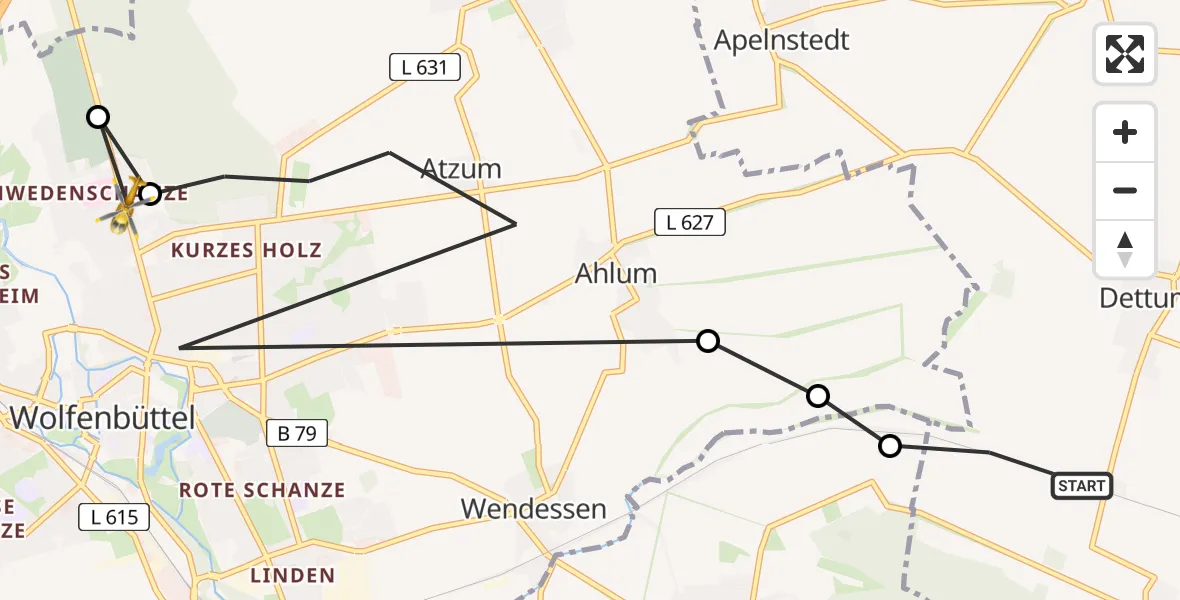 Flugroute Rettungshubschrauber Mönchevahlberg - Wolfenbüttel Municipal Hospital Heliport (Christoph 30), 13 März 2026, 13:48
