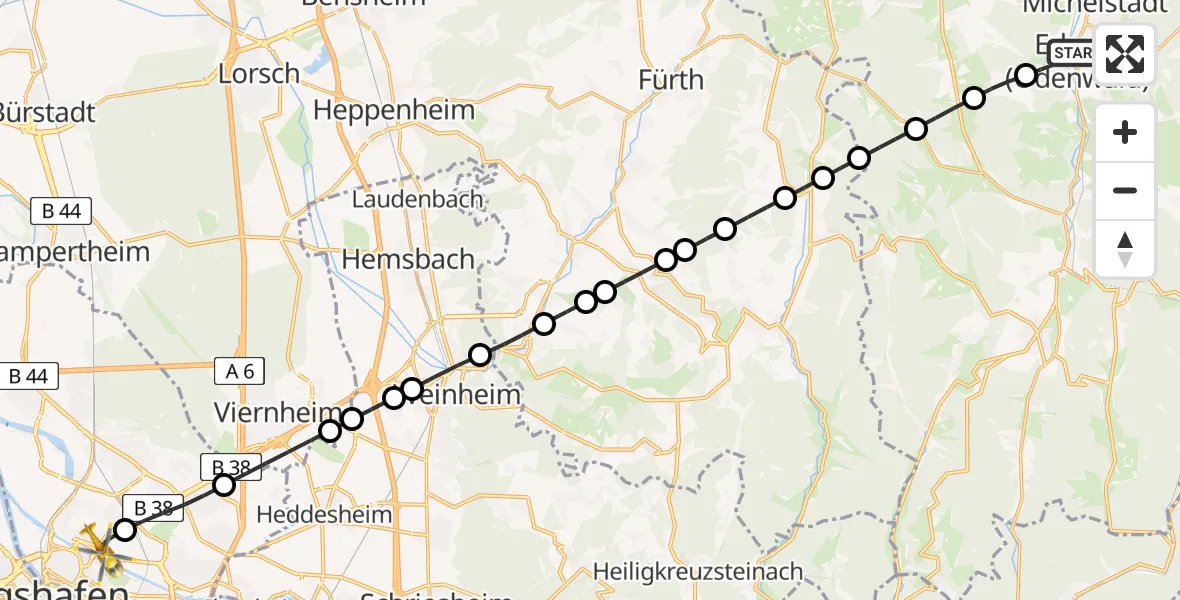 Flugroute Rettungshubschrauber Erbach - Neckarstadt-Ost/Wohlgelegen, 13 März 2026, 13:50
