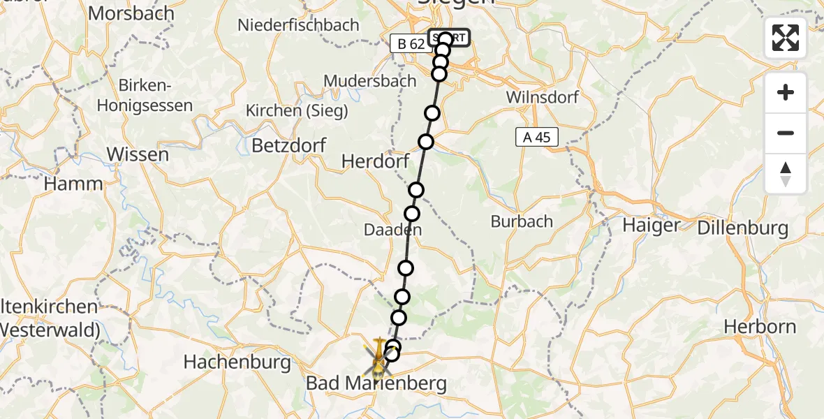 Flugroute Rettungshubschrauber Evangelisches Jung-Stilling Hospital - Bad Marienberg, 13 März 2026, 13:56