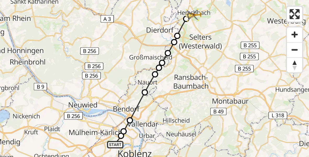 Flugroute Rettungshubschrauber Koblenz - Herschbach, 13 März 2026, 13:59