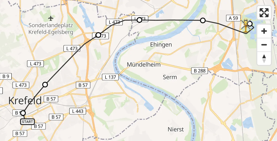 Flugroute Rettungshubschrauber Helios Clinic Krefeld - Duisburg Air Rescue Heliport (Christoph 9), 13 März 2026, 14:00