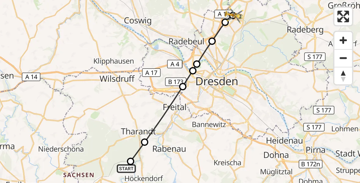 Flugroute Rettungshubschrauber Dorfhain - Dresden Federal Police Heliport, 13 März 2026, 14:00