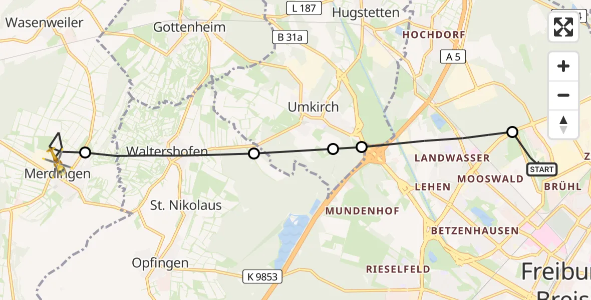Flugroute Rettungshubschrauber Freiburg im Breisgau Airfield - Merdingen, 13 März 2026, 14:01