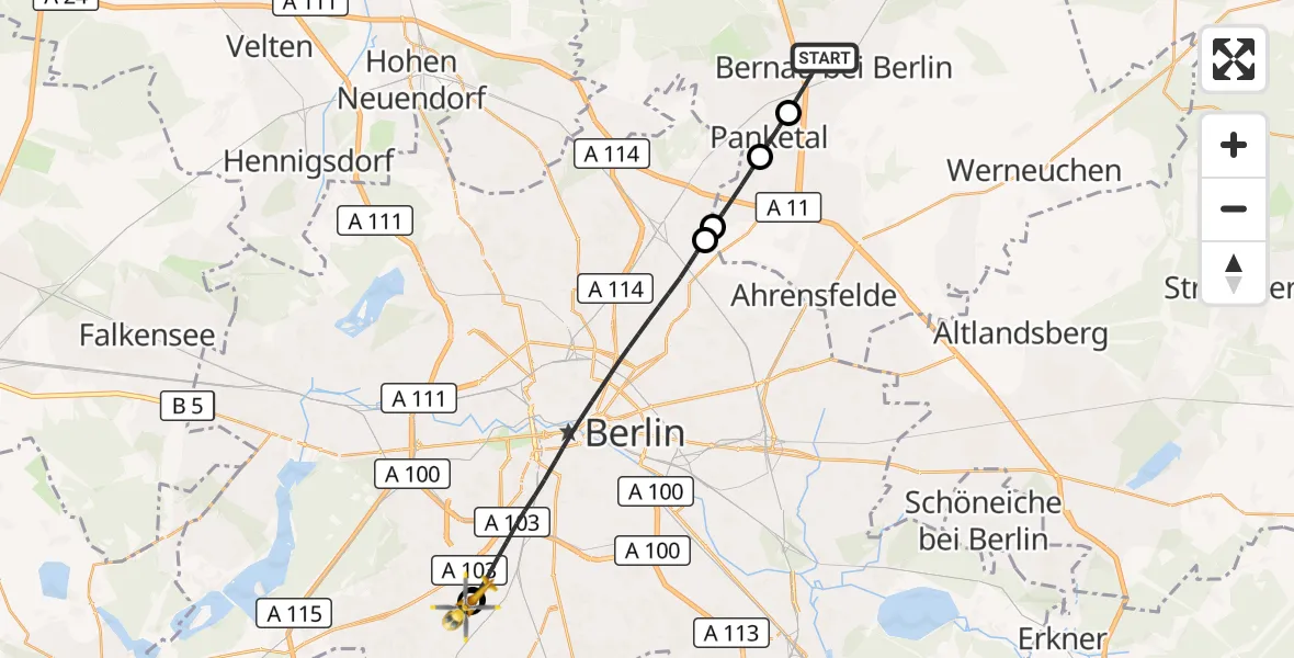 Flugroute Rettungshubschrauber Bernau - Charité Clinic Benjamin Franklin Campus, 13 März 2026, 14:07