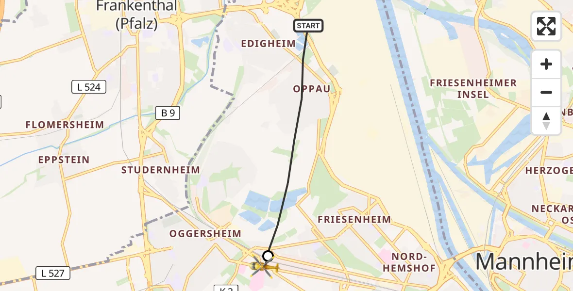 Flugroute Rettungshubschrauber Ludwigshafen am Rhein - Ludwigshafen Accident Hospital, 13 März 2026, 14:11