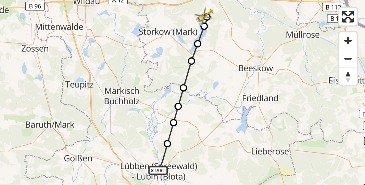 Flugroute Ambulanzhubschrauber Lübben (Spreewald) - Bad Saarow, 13 März 2026, 14:14