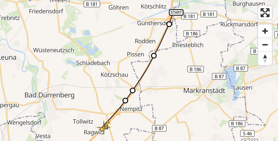 Flugroute Rettungshubschrauber ADAC Air Rescue Station Leipzig/Schkeuditz-Dölzig Heliport (Christoph 61) - Bad Dürrenberg, 13 März 2026, 14:26