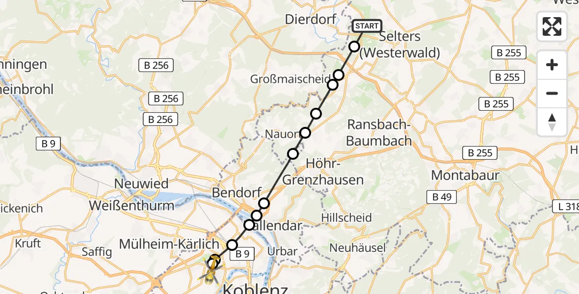 Routekaart van de vlucht: Rettungshubschrauber nach Koblenz, Rübenacher Straße