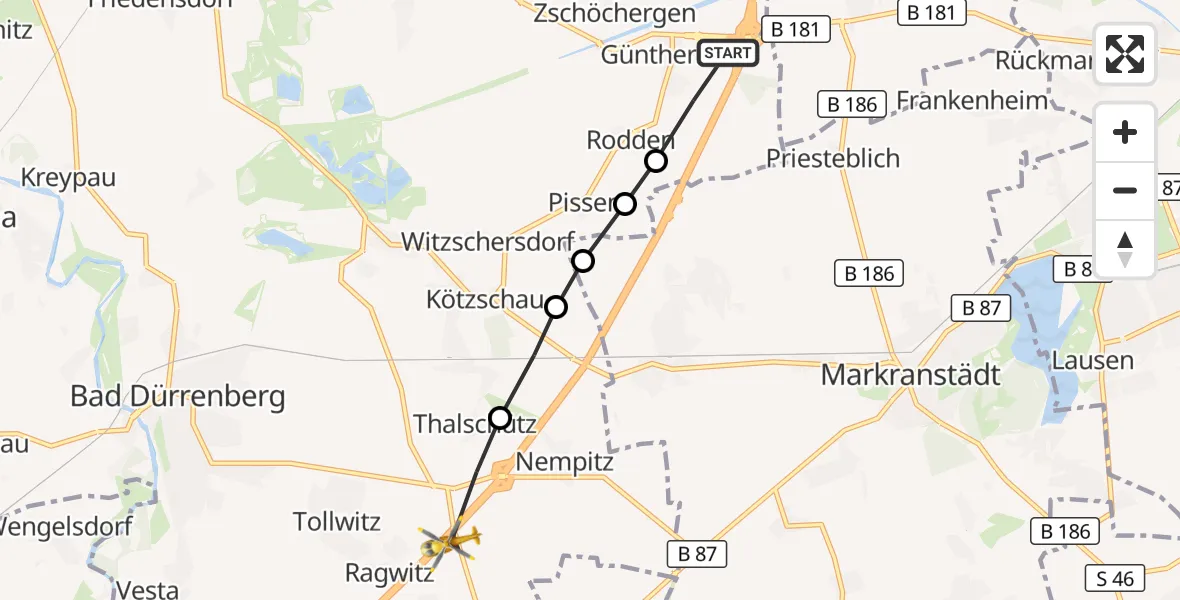 Flugroute Rettungshubschrauber Günthersdorf - Bad Dürrenberg, 13 März 2026, 14:30