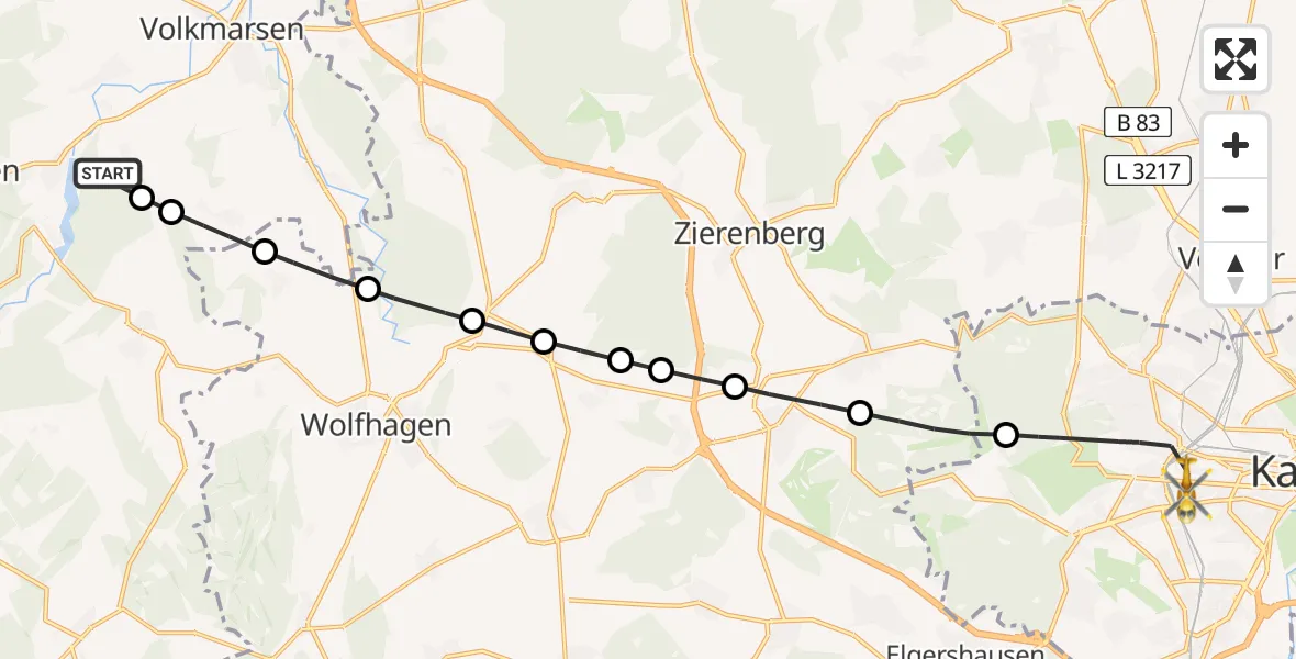 Flugroute Rettungshubschrauber Neu-Berich - Kassel, 13 März 2026, 14:32