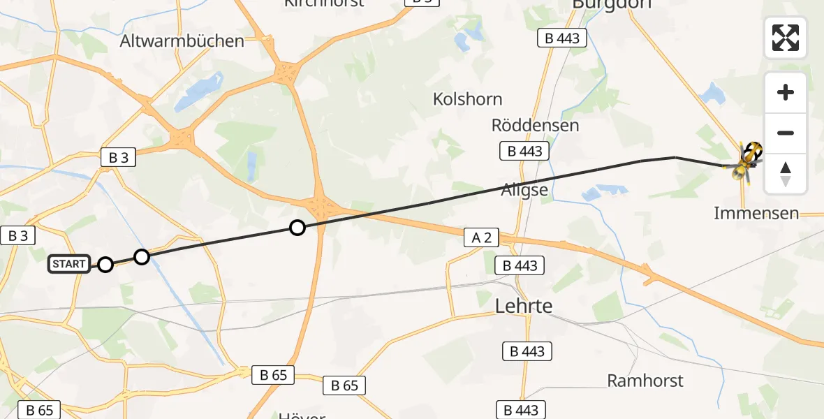 Flugroute Rettungshubschrauber Hannover Air Rescue Heliport (Christoph 4) - Lehrte, 13 März 2026, 14:38