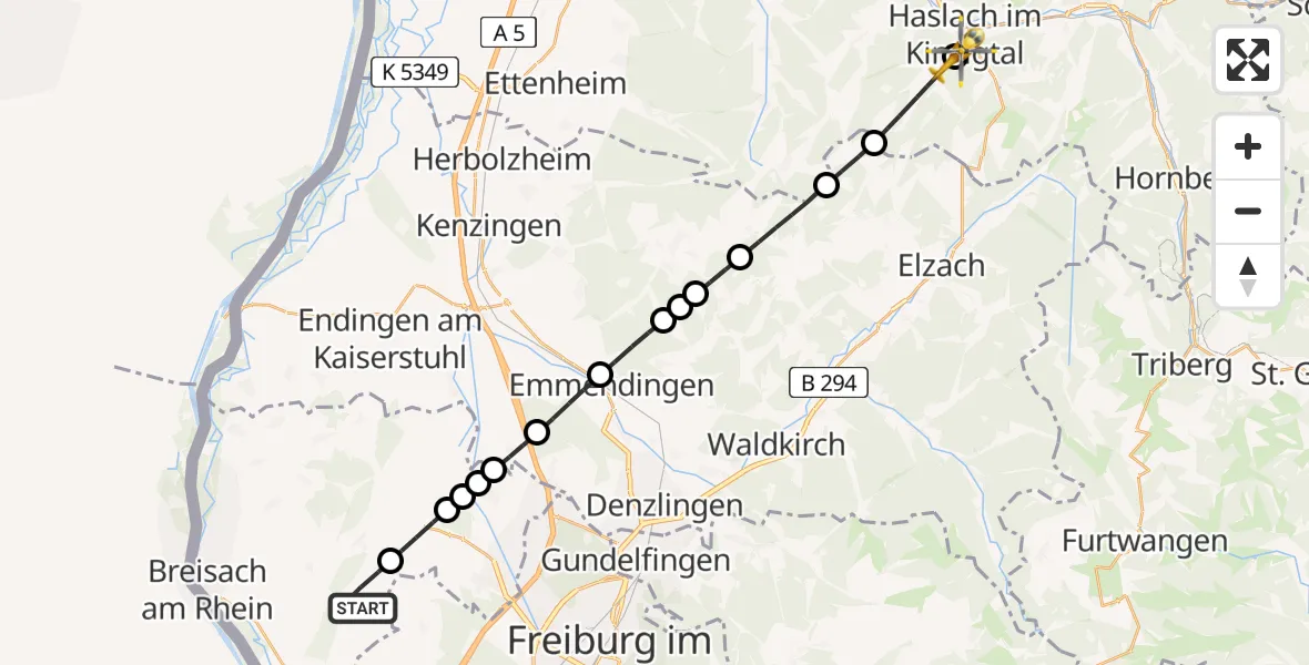 Flugroute Rettungshubschrauber Merdingen - Haslach, 13 März 2026, 14:38