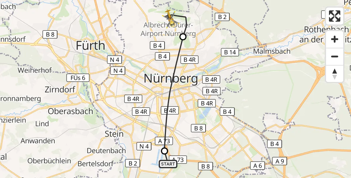 Flugroute Rettungshubschrauber Weiherhaus - Nuremberg Airport, 13 März 2026, 14:47