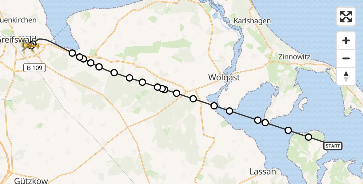 Routekaart van de vlucht: Ambulanzhubschrauber nach Greifswald Hospital