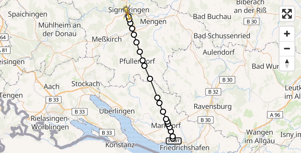Flugroute Rettungshubschrauber Friedrichshafen Hospital - Sigmaringen, 13 März 2026, 14:50