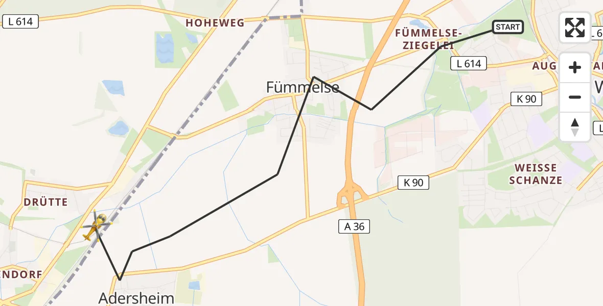 Flugroute Rettungshubschrauber Wolfenbüttel - Ortschaft Ost, 13 März 2026, 14:50