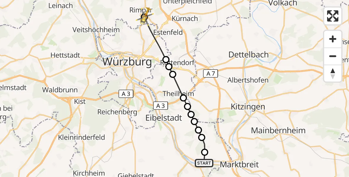 Flugroute Rettungshubschrauber Frickenhausen am Main - Maidbronn, 13 März 2026, 14:52