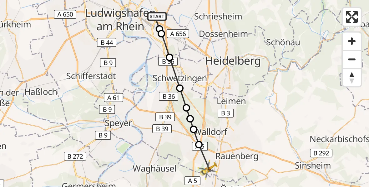 Flugroute Rettungshubschrauber Mannheim-City Airport - St. Leon-Rot, 13 März 2026, 14:56