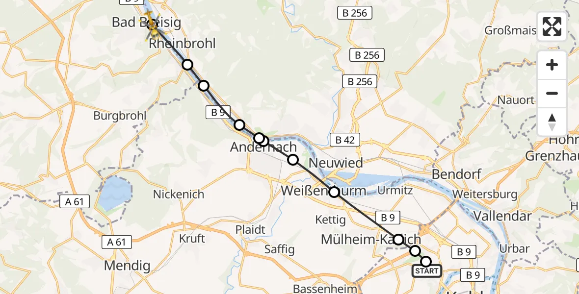 Flugroute Rettungshubschrauber Koblenz - Bad Breisig, 13 März 2026, 14:56
