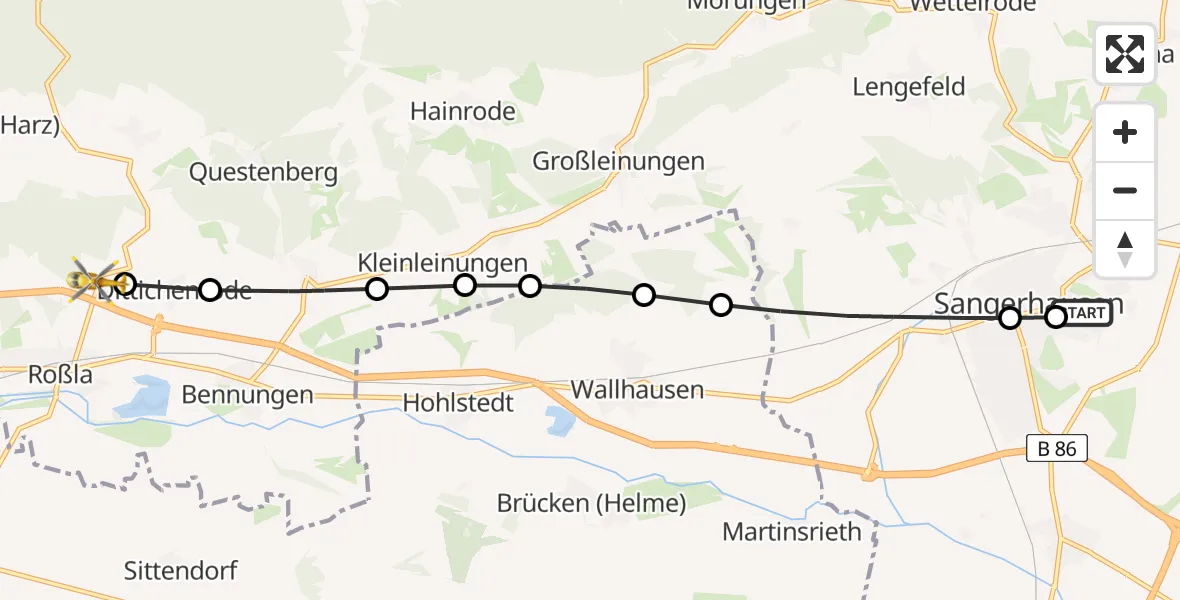 Flugroute Rettungshubschrauber Helios Clinic Mansfeld-Südharz - Dittichenrode, 13 März 2026, 14:59