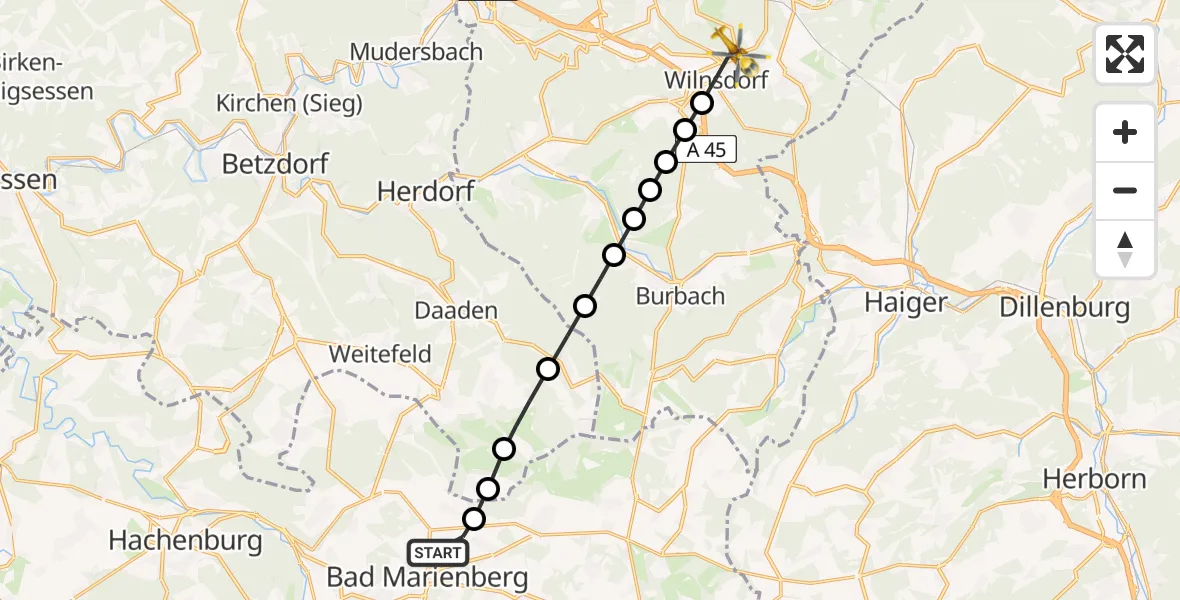 Flugroute Rettungshubschrauber Bad Marienberg - Wilnsdorf, 13 März 2026, 15:01