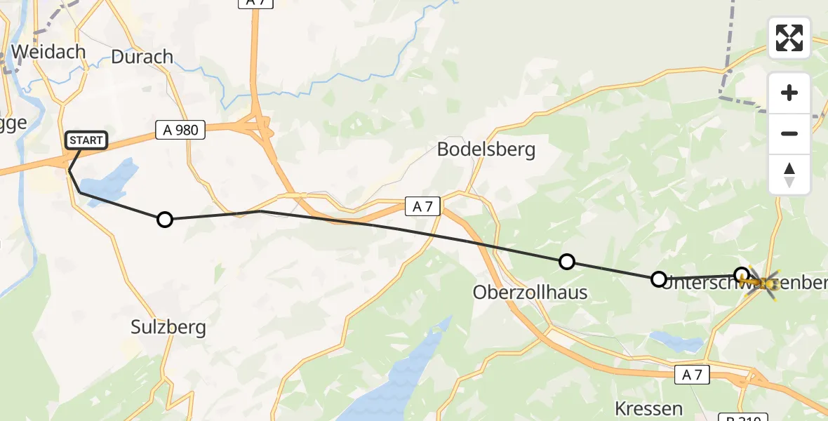 Flugroute Rettungshubschrauber Graben - Unterschwarzenberg, 13 März 2026, 15:02