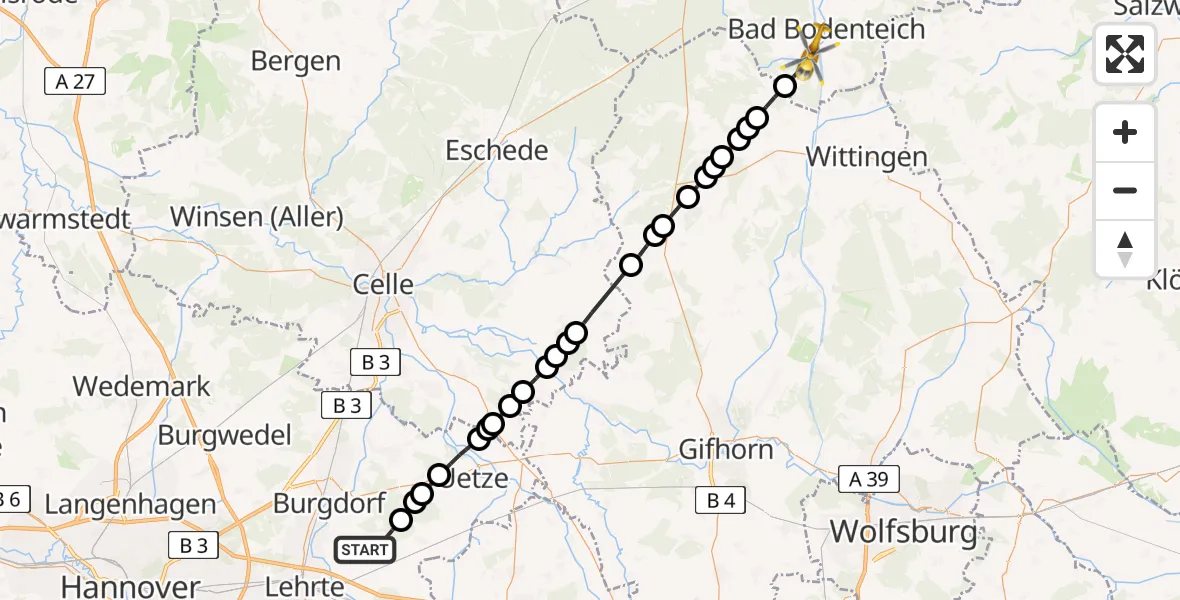 Flugroute Rettungshubschrauber Lehrte - Lüder, 13 März 2026, 15:03