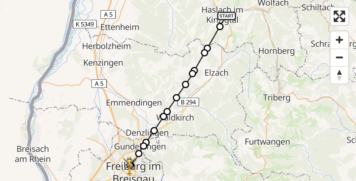 Flugroute Rettungshubschrauber Haslach - Freiburg University Hospital Heliport 1, 13 März 2026, 15:12