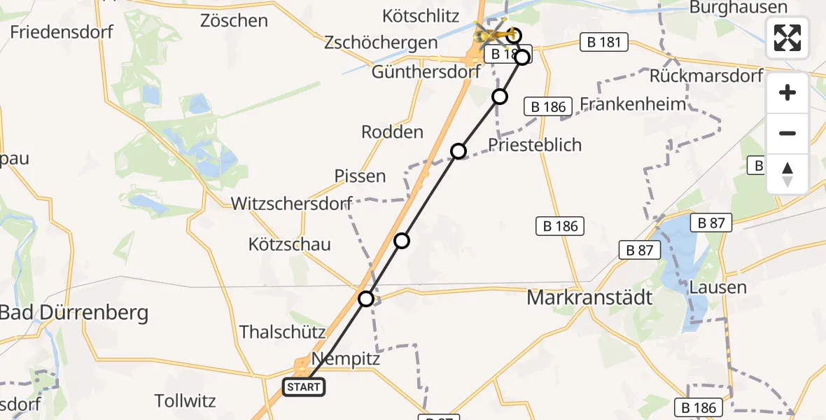 Flugroute Rettungshubschrauber Bad Dürrenberg - ADAC Air Rescue Station Leipzig/Schkeuditz-Dölzig Heliport (Christoph 61), 13 März 2026, 15:13