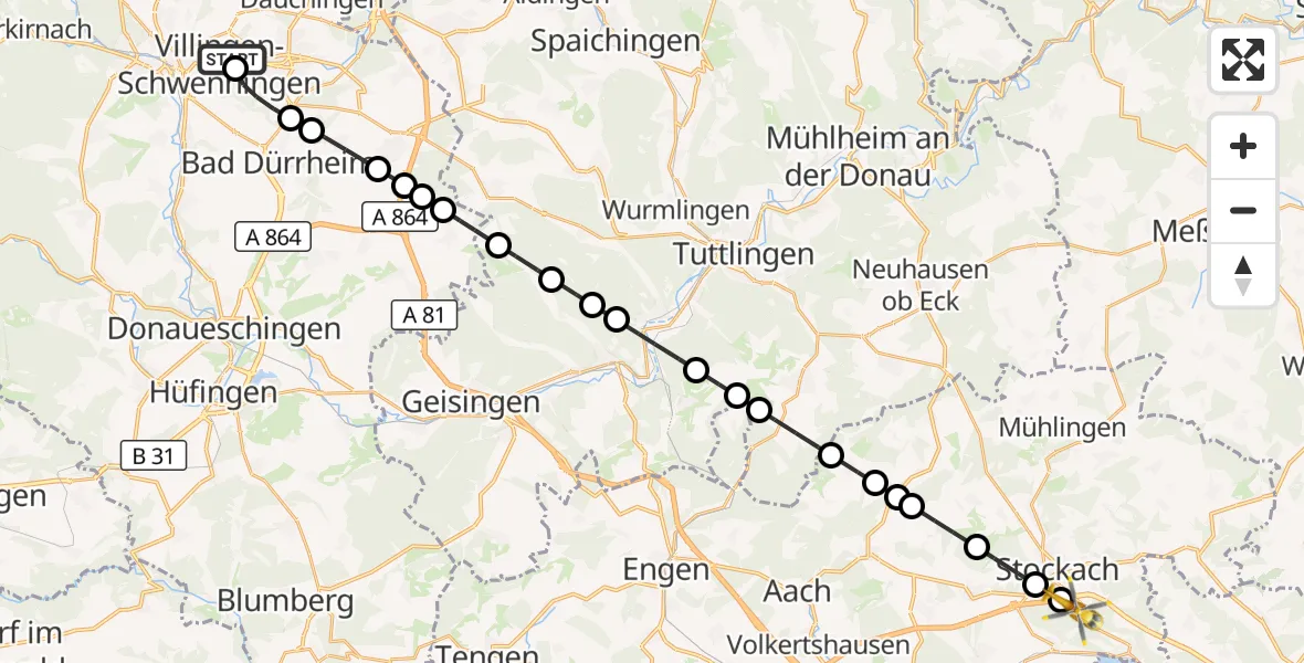 Flugroute Rettungshubschrauber DRF Air Rescue Station Villingen-Schwenningen Heliport (Christoph 11) - Ludwigshafen, 13 März 2026, 15:18