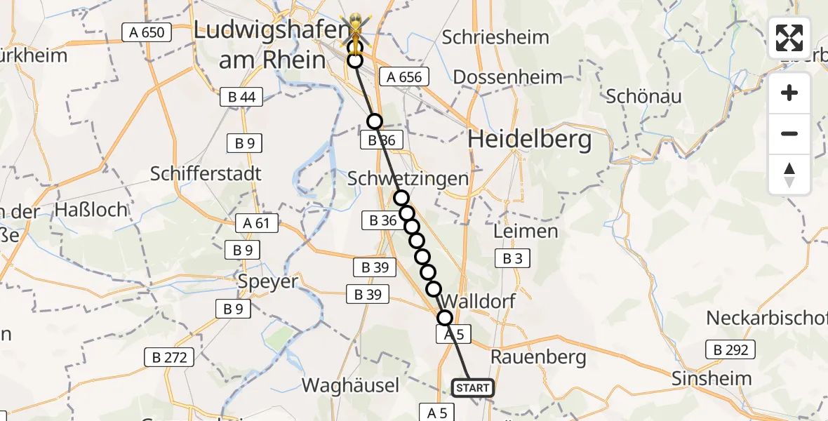 Flugroute Rettungshubschrauber St. Leon-Rot - Mannheim-City Airport, 13 März 2026, 15:31