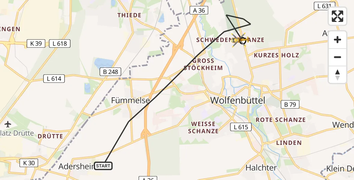 Flugroute Rettungshubschrauber Wolfenbüttel - Wolfenbüttel Municipal Hospital Heliport (Christoph 30), 13 März 2026, 15:38