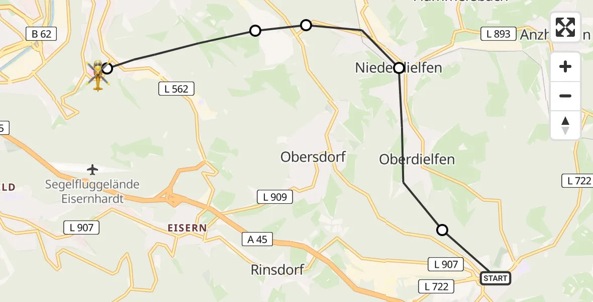 Flugroute Rettungshubschrauber Wilnsdorf - Evangelisches Jung-Stilling Hospital, 13 März 2026, 15:51